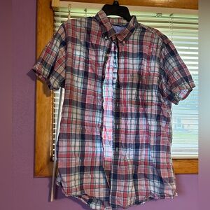 Izod Saltwater Button-Up Shirt Men's Medium Pink & Blue Plaid Short Sleeve